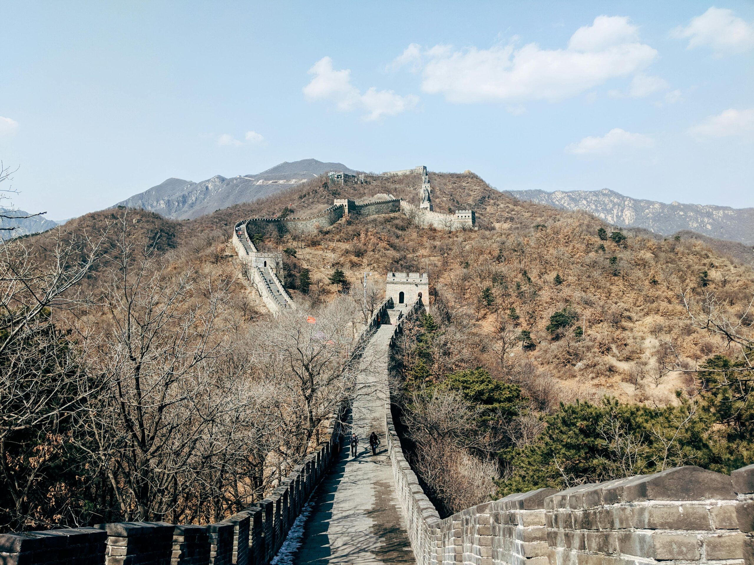 Scenic view of the Great Wall of China winding through the mountains near Beijing in autumn.